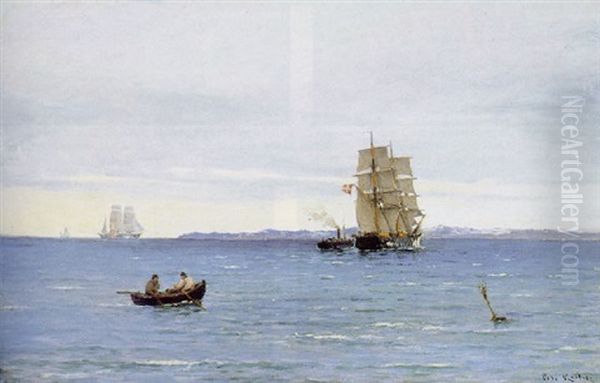 Marine Med Sejlskibe Oil Painting by Carl Ludvig Thilson Locher