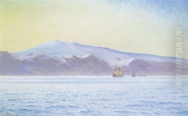 Hans Majestaet Kong Frederik Viii Ombord Pa Et Skib Naer Islands Kyst, I Baggrunden Bjerget Eyjafjaeldsjokul Oil Painting by Carl Ludvig Thilson Locher