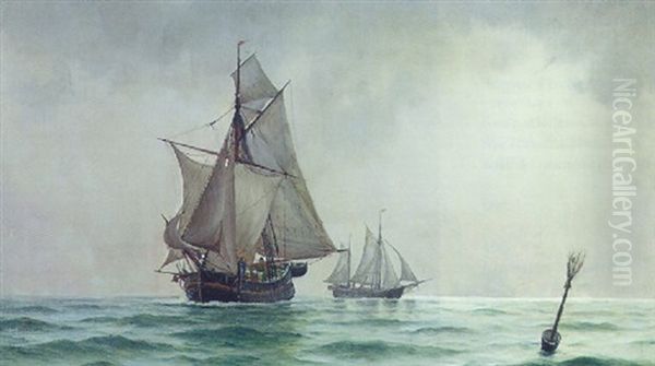 Marine Med Fiskerbade, Stille Vejr Oil Painting by Carl Ludvig Thilson Locher