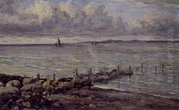 Marine Med Udsigt Over Sundet Oil Painting by Carl Ludvig Thilson Locher