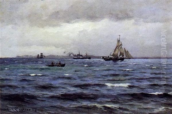 Marine Med Talrige Skibe Ud For Kysten Oil Painting by Carl Ludvig Thilson Locher