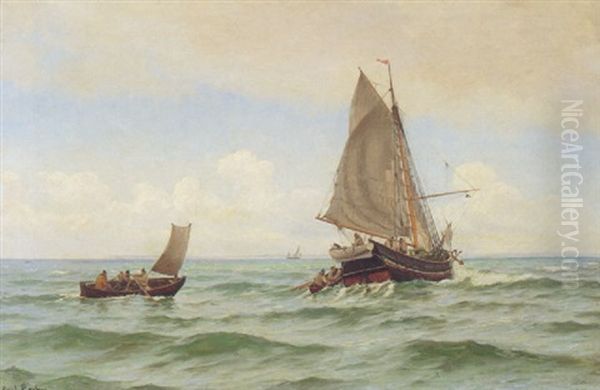 Marine Med Sejlskibe Oil Painting by Carl Ludvig Thilson Locher