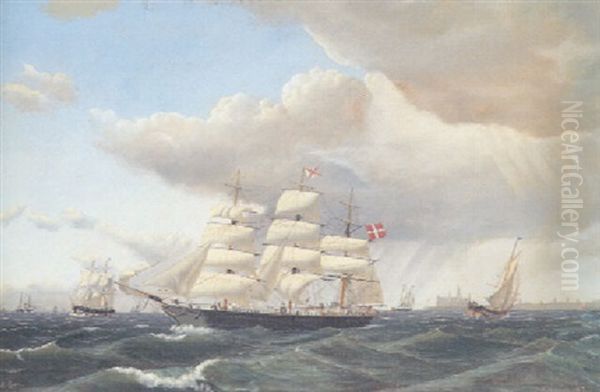 Sejlskibe I Sundet Ud For Kronborg Oil Painting by Carl Ludvig Thilson Locher