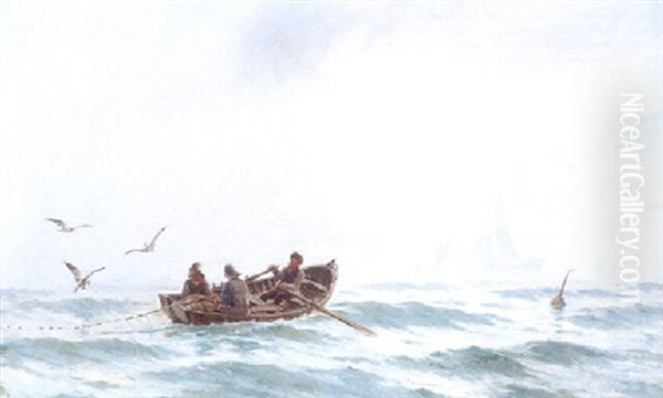 Marine Med Fiskere I Robad Der Saetter Garn Ud Oil Painting by Carl Ludvig Thilson Locher