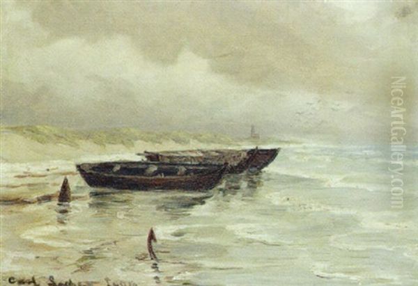 Optrukne Bade Pa Stranden Oil Painting by Carl Ludvig Thilson Locher