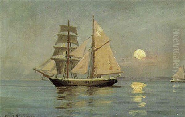 Natstemning Pa Havet, Fuldmane Oil Painting by Carl Ludvig Thilson Locher