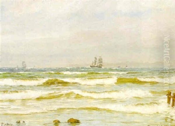 Marine Med Sejlskibe Oil Painting by Carl Ludvig Thilson Locher