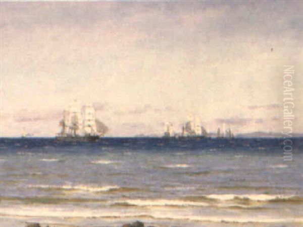 Marine Med Sejl Skibe, I Baggrunden Den Svenske Kyst Oil Painting by Carl Ludvig Thilson Locher