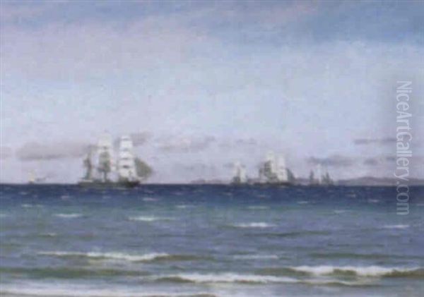 Marine Med Sejlskibe, I Baggrunden Den Svenske Kyst Oil Painting by Carl Ludvig Thilson Locher