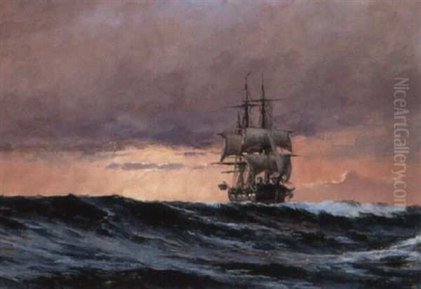 Marine Med Sejlskib Oil Painting by Carl Ludvig Thilson Locher