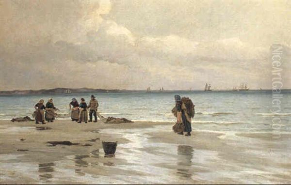 Fiskere Pa Stranden Oil Painting by Carl Ludvig Thilson Locher