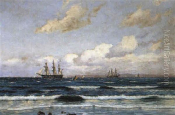 Marine Med Sejlskibe Ud For Nordsjaellands Kyst Oil Painting by Carl Ludvig Thilson Locher