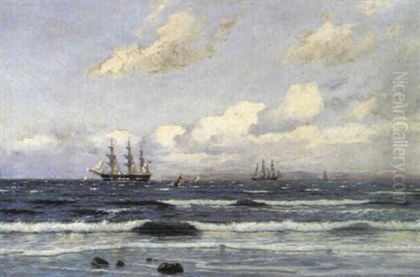 Marine Med Sejlskib Ud For Nordsjaellandsk Kyst Oil Painting by Carl Ludvig Thilson Locher