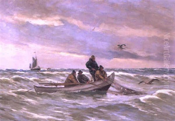 Marine Med Fiskere Der Traekker Vod Oil Painting by Carl Ludvig Thilson Locher