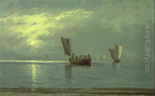 Marine Med Fiskerbade Udfor Skagen Strand, Aften I Maneskin Oil Painting by Carl Ludvig Thilson Locher