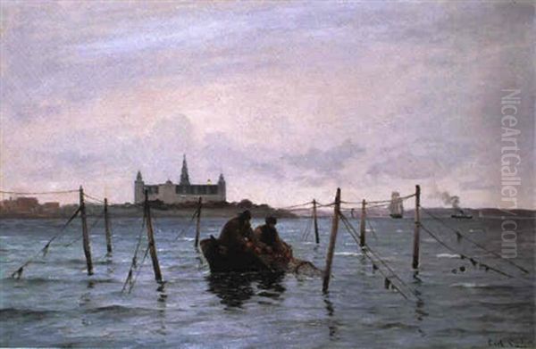 Fiskere Der Haler Garn Ombord Deres Bad Ud For Kronborg Oil Painting by Carl Ludvig Thilson Locher