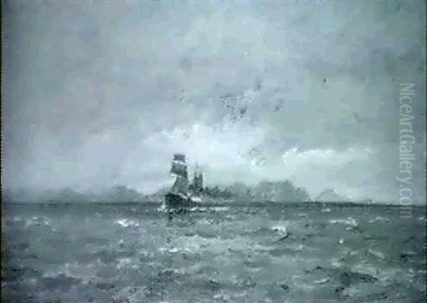 Marine Med Dampskib Ud For Klippekyst Oil Painting by Carl Ludvig Thilson Locher