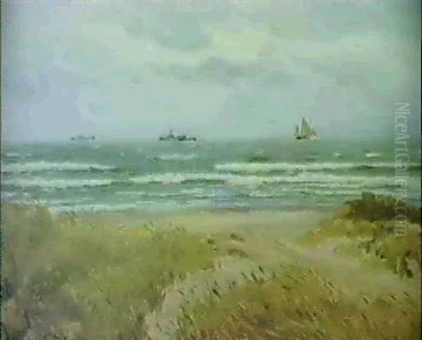 Kystparti Med Skibe Ud For Skagen Oil Painting by Carl Ludvig Thilson Locher