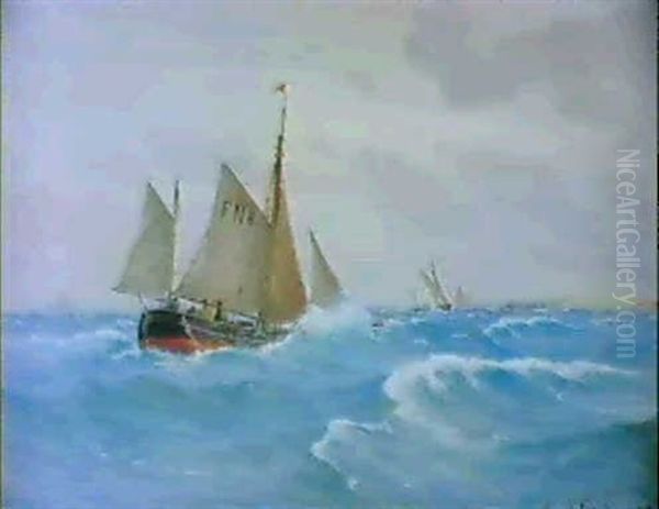 Marine Med Fiskekuttere Oil Painting by Carl Ludvig Thilson Locher