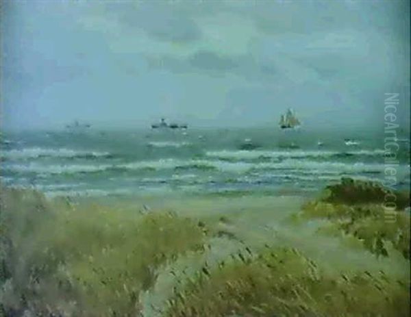 Kystparti Med Skibe Ud For Skagen Oil Painting by Carl Ludvig Thilson Locher