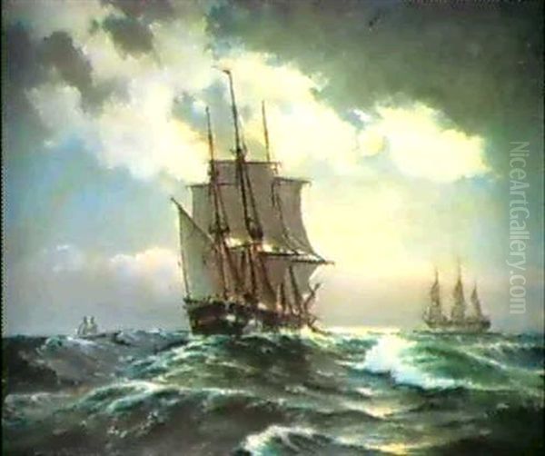 Marine Med Sejlskibe, Aftenstemning Oil Painting by Carl Ludvig Thilson Locher