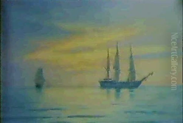 Evening On The North Sea, H.m.s. London And Other Vessels Oil Painting by Carl Ludvig Thilson Locher