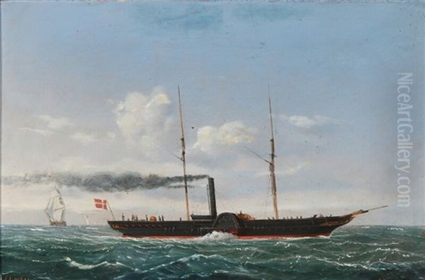 Sesascape With Sailing Ships And A Danish Paddle Steamer Oil Painting by Jens Thielsen Locher