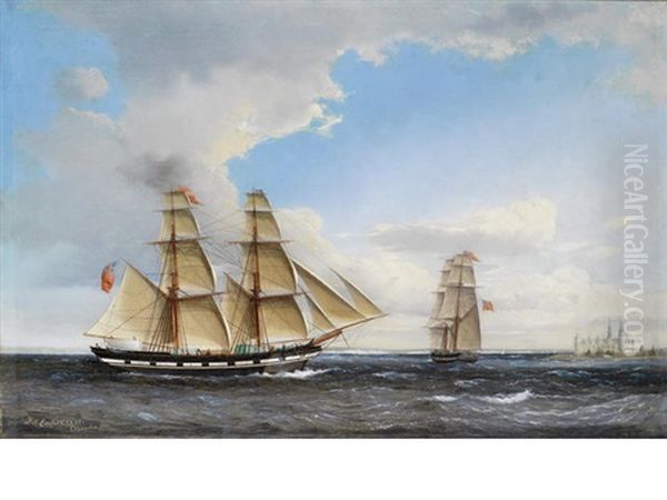 An English Brig Off Elsinore Oil Painting by Jens Thielsen Locher