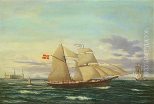 Segelskepp I Oresund, I Bakgrunden Kronborgs Slott Oil Painting by Jens Thielsen Locher