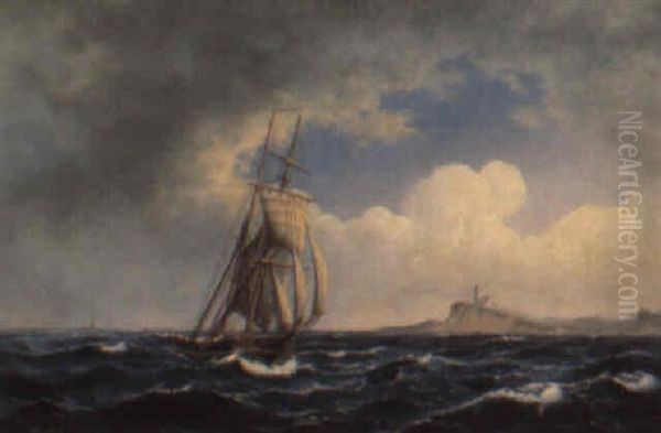 Marine, Sejlskibe Pa Havet Udfor Kyst Oil Painting by Jens Thielsen Locher