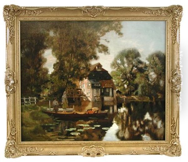 Houghton Mill, Huntingdon, With A Couple Punting In The Foreground Oil Painting by John Lochhead