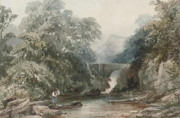 An Angler On A Riverbank Before A Waterfall Oil Painting by William James Bennett