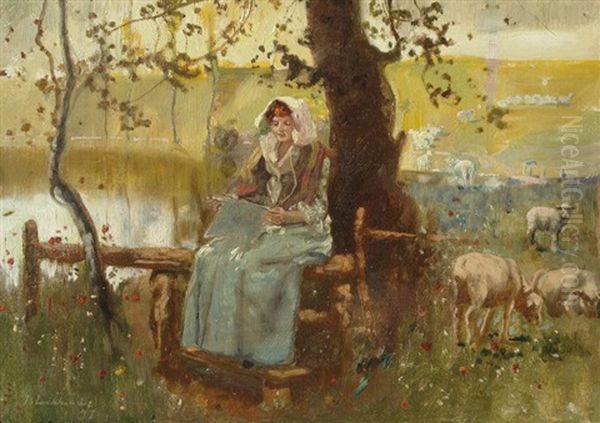 Reading Under A Tree In The Pasture Oil Painting by John Lochhead