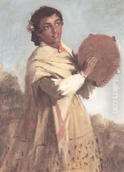 A Spanish Girl Playing A Tambourine Oil Painting by William Ewart Lockhart