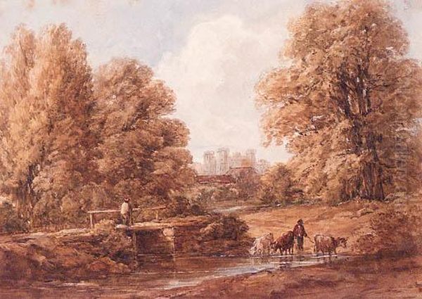 Cattle Crossing A Stream With A Castle Beyond Oil Painting by William James Bennett