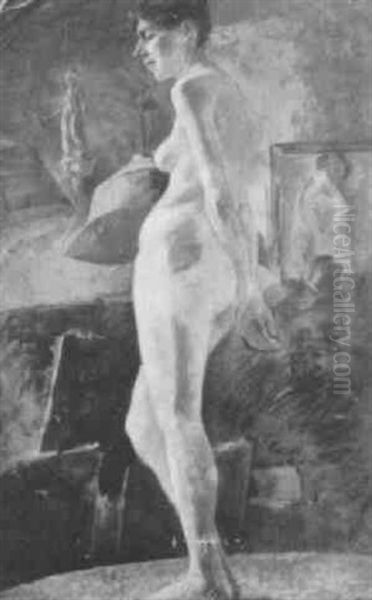 Model Posing In Studio Oil Painting by Wilton Robert Lockwood