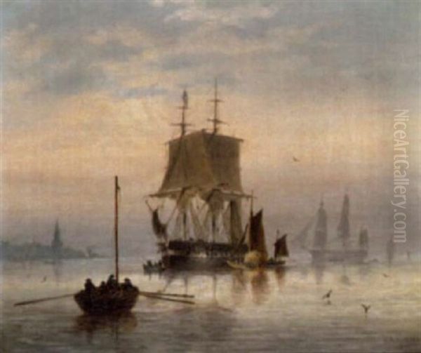 Estuary Scene With Man-o'-war At Anchor And Hay Barge Oil Painting by Charles Arthur Lodder