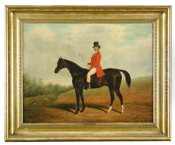 Portrait Of A Huntsman On A Dark Bay Hunter, Hounds Beyond Oil Painting by James Loder Of Bath