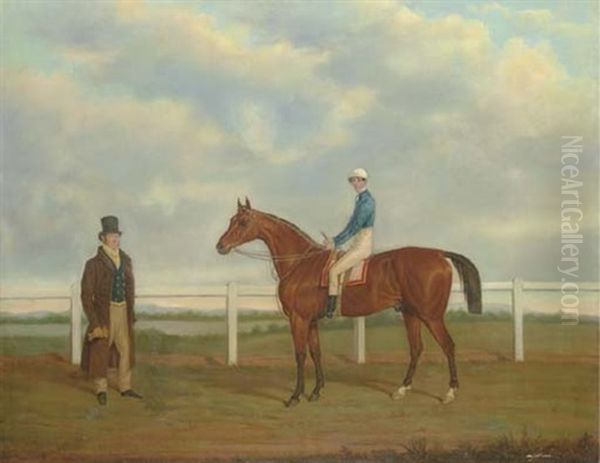 A Bay Racehorse With Jockey Up, And His Owner, On A Racecourse Oil Painting by James Loder Of Bath