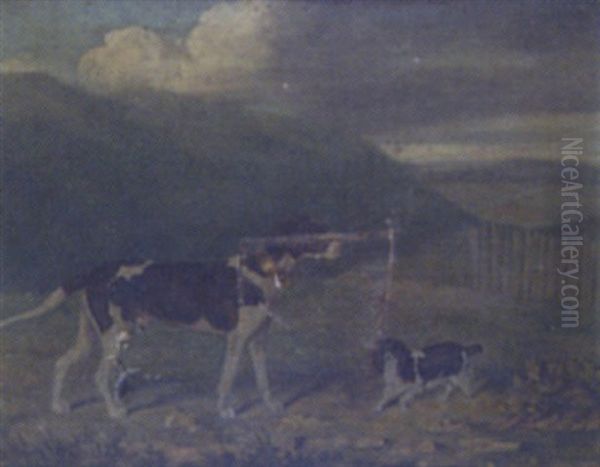 Portrait Of A Pointer And Spaniel In A Landscape Oil Painting by James Loder Of Bath