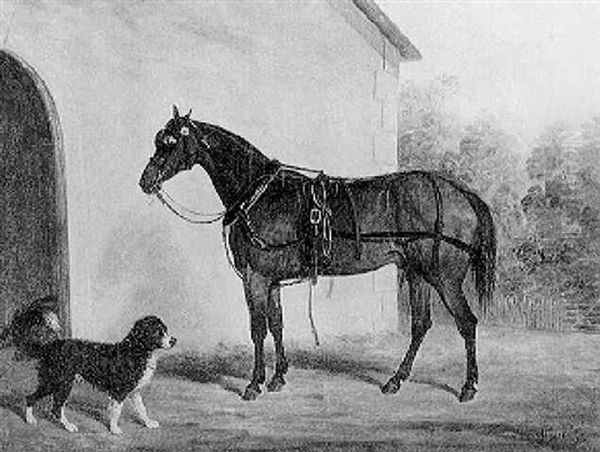 A Carriage Horse And Spaniel Before Stables Oil Painting by James Loder Of Bath