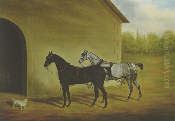 Carriage Horses Before A Coach House With A White Terrier Oil Painting by James Loder Of Bath