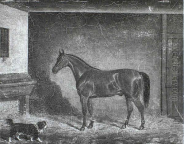 A Hunter And A Spaniel In A Stable Oil Painting by James Loder Of Bath