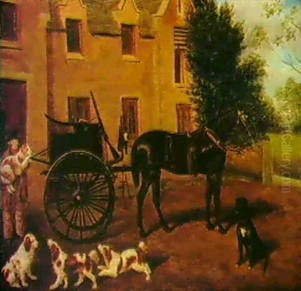 A Horse And Chaise With Spaniels In A Stable Yard Oil Painting by James Loder Of Bath