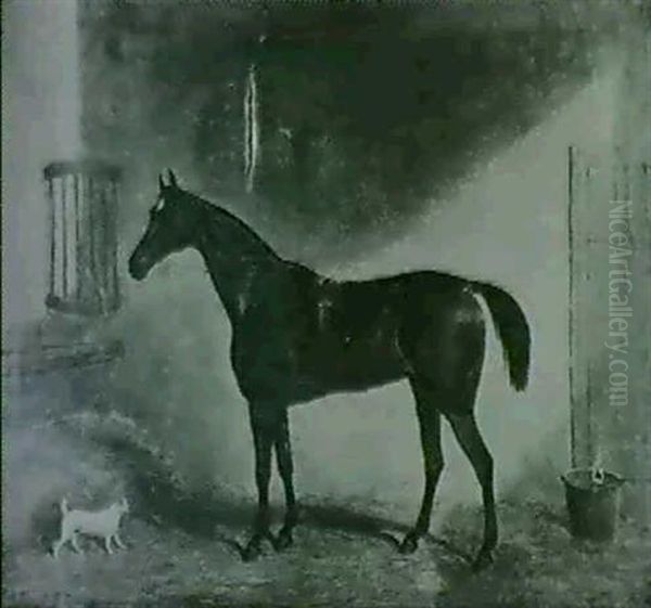 A Chestnut Hunter And Terrier In A Loose Box Oil Painting by James Loder Of Bath