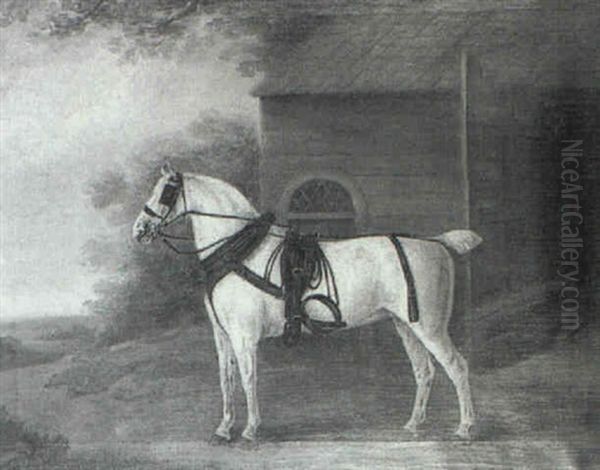 Portrait Of A Grey Coach Horse, Before A Stable, A          Landscape Beyond Oil Painting by James Loder Of Bath