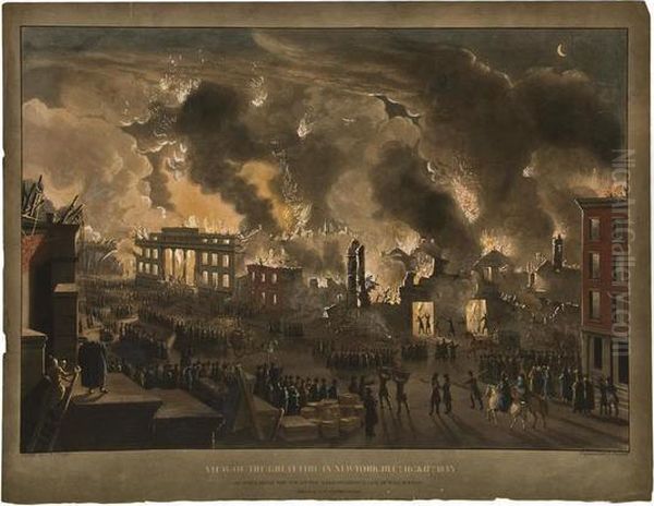 View Of The Great Fire In New York Oil Painting by William James Bennett