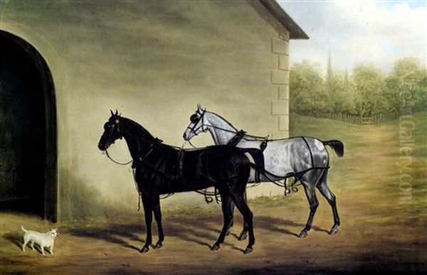 Two Carriage Horses Outside A Stable Oil Painting by James Loder Of Bath