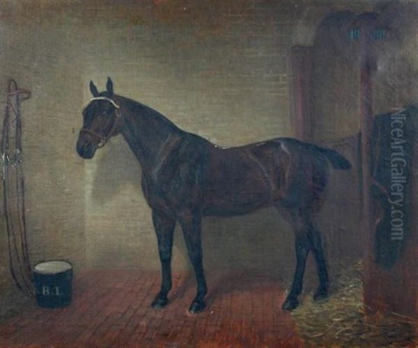 A Dark Bay Hunter In A Stable Oil Painting by Edwin (of Bath) Loder