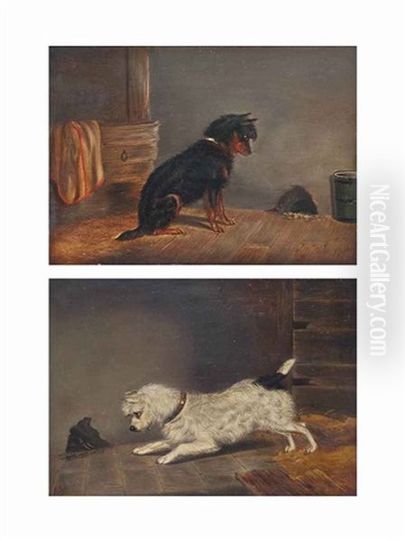 Watching For The Mouse And Nearly Got Him! (pair) Oil Painting by Edwin (of Bath) Loder